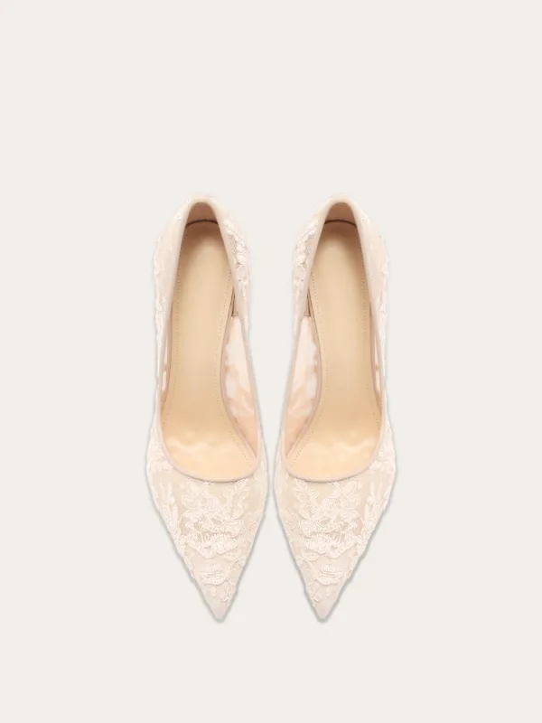Elegante Witte Kant Bloem Bruidsschoenen 2025 Leer 10 cm Naaldhakken / Stiletto Spitse Neus Huwelijk Pumps Hoge Hakken