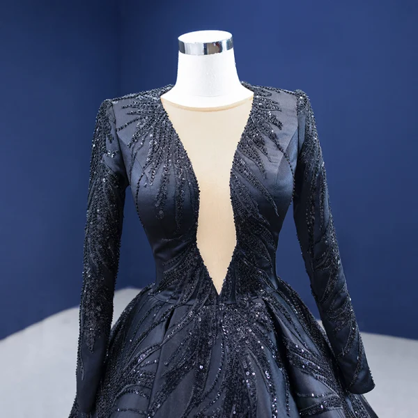 Vintage / Retro High-end Black Handmade  Beading Sequins Prom Dresses 2022 Ball Gown Scoop Neck Long Sleeve Sweep Train Formal Dresses