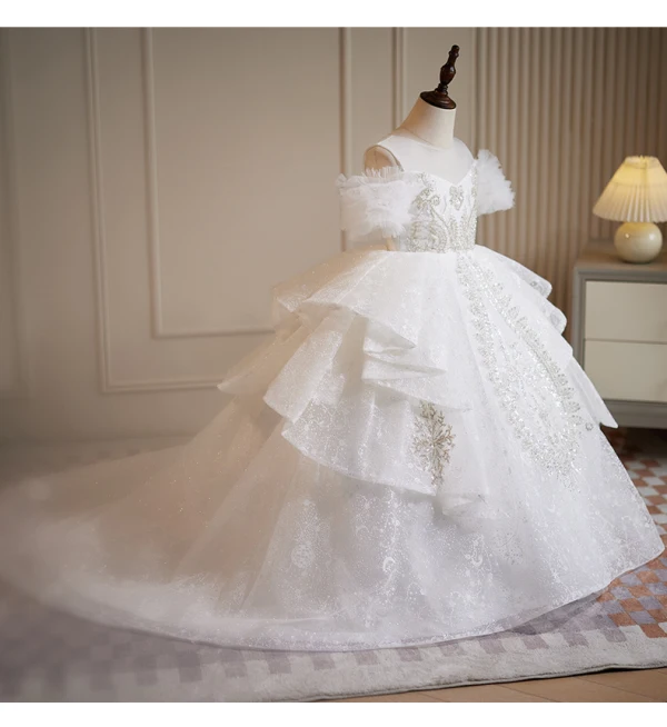 Charming White Beading Sequins Pearl Rhinestone Cascading Ruffles Flower Girl Dresses 2023 Ball Gown Scoop Neck Short Sleeve Sweep Train Birthday Flower Girl Dresses