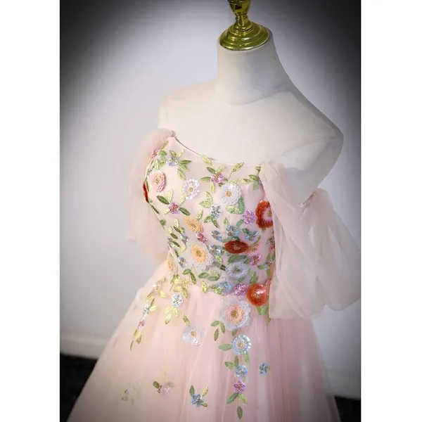 Blumenfee Rosa Pailletten Spitze Blumen Ballkleider 2023 A Linie Off Shoulder Ärmellos Rückenfreies Lange Ball Festliche Kleider