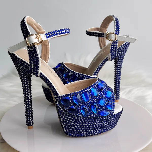 Sparkly Silver Wedding Shoes 2018 Crystal Rhinestone Ankle Strap 14 cm Stiletto Heels Open / Peep Toe Wedding High Heels