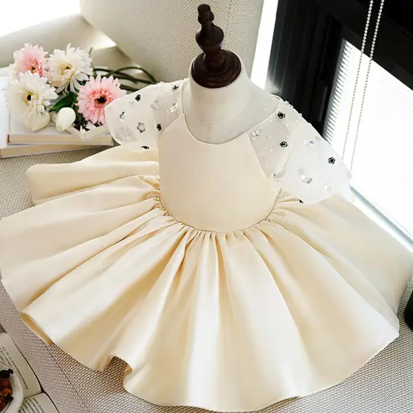 Elegant Champagne Pearl Sequins Short Birthday Flower Girl Dresses 2022 Ball Gown Scoop Neck Short Sleeve Flower Girl Dresses