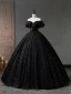 Charming Black Pearl Sequins Prom Dresses 2023 Ball Gown Off-The-Shoulder Short Sleeve Backless Floor-Length / Long Prom Formal Dresses