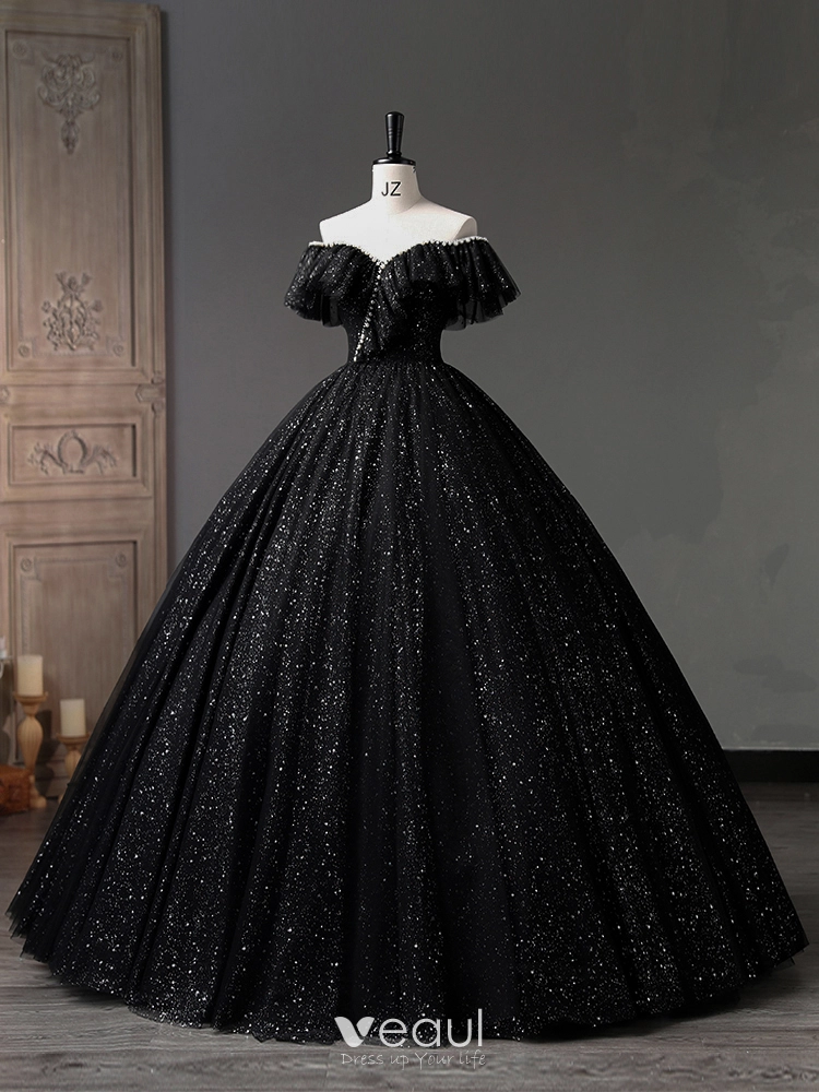 Charming Black Pearl Sequins Prom Dresses 2023 Ball Gown Off The Shoulder Short Sleeve Backless Floor