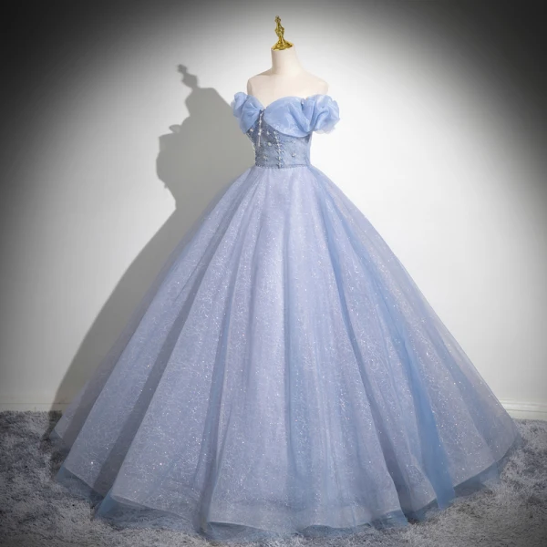 Bling Bling Sky Blue Glitter Beading Pearl Prom Dresses 2024 Ball Gown Off-The-Shoulder Short Sleeve Backless Floor-Length / Long Prom Formal Dresses