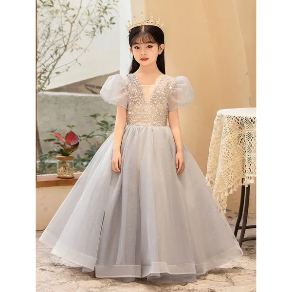 Chic / Beautiful Grey Beading Sequins Birthday Flower Girl Dresses 2022 A-Line / Princess V-Neck Puffy Short Sleeve Floor-Length / Long