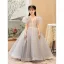 Chic / Beautiful Grey Beading Sequins Birthday Flower Girl Dresses 2022 A-Line / Princess V-Neck Puffy Short Sleeve Floor-Length / Long