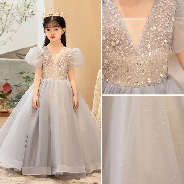 Chic / Beautiful Grey Beading Sequins Birthday Flower Girl Dresses 2022 A-Line / Princess V-Neck Puffy Short Sleeve Floor-Length / Long