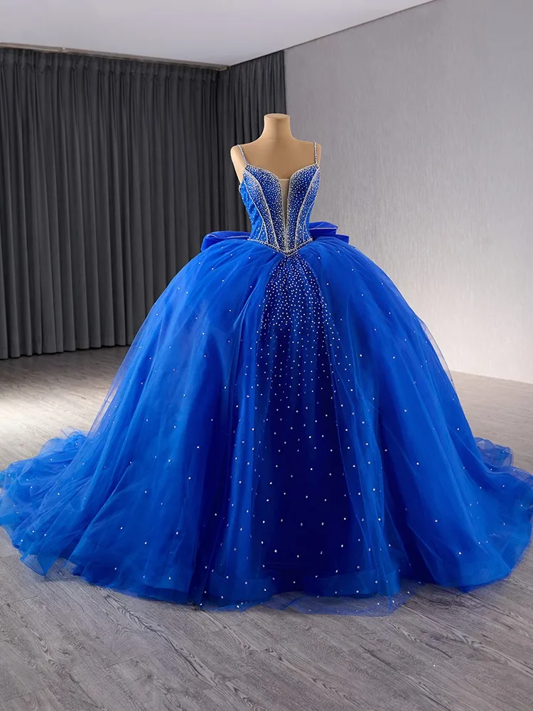 green emerald velvet dress Royal Blue Tulle Tea Length Applique Round Neckline Formal Dress, Blue –  Cutedressy main image 1