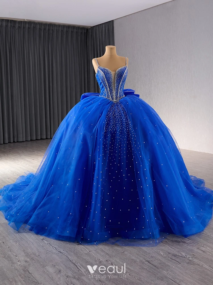 High-end Royal Blue Rhinestone Ball Gown Prom Dresses 2024 Spaghetti Straps  Sleeveless Backless Bow Court Train Prom Formal Dresses