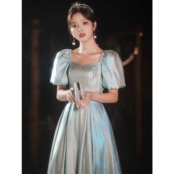 Fashion Sky Blue Glitter Sequins Prom Dresses 2022 A-Line / Princess Square Neckline Short Sleeve Backless Floor-Length / Long Prom Formal Dresses