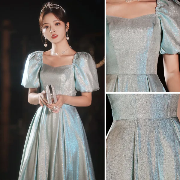 Fashion Sky Blue Glitter Sequins Prom Dresses 2022 A-Line / Princess Square Neckline Short Sleeve Backless Floor-Length / Long Prom Formal Dresses