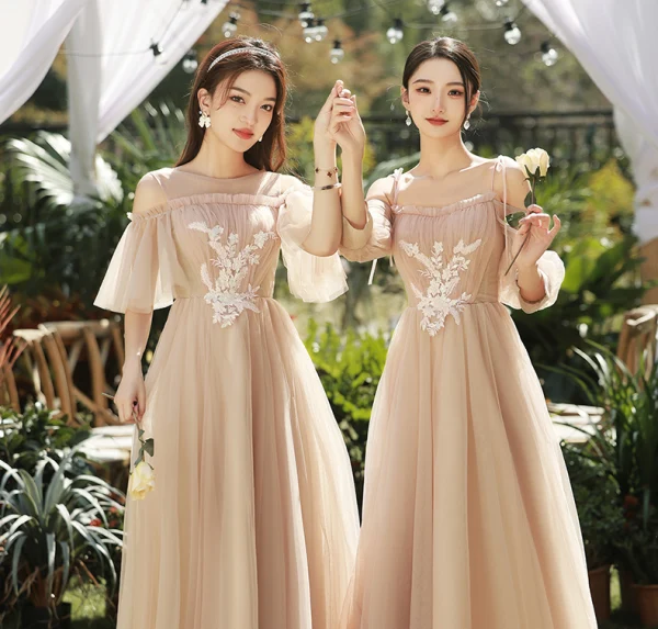 Modest Simple Champagne Lace Flower Bridesmaid Dresses 2023 A-Line Princess Scoop Neck Modest Simple Champagne Lace Flower Bridesmaid Dresses 2023 A-Line Princess Scoop Neck