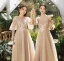 Modest / Simple Champagne Lace Flower Bridesmaid Dresses 2023 A-Line / Princess Scoop Neck Short Sleeve Backless Floor-Length / Long Bridesmaid Dresses