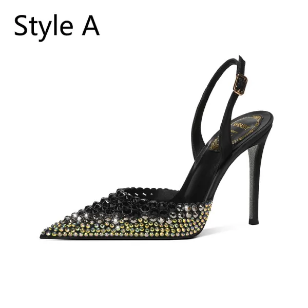 Sexy Black Gold Rhinestone Evening Party Womens Sandals 2024 10 cm Stiletto Heels Pointed Toe Sandals High Heels