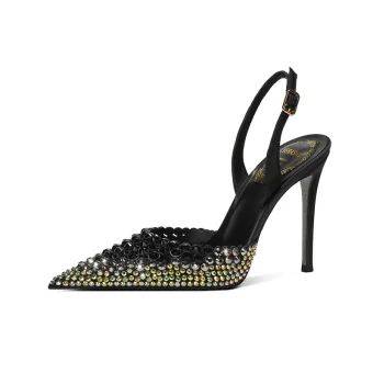 Sexy Black Gold Rhinestone Evening Party Womens Sandals 2024 10 Cm Stiletto Heels Pointed Toe Sandals High Heels