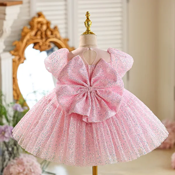 Bling Bling Sky Blue Sequins Birthday Short Flower Girl Dresses 2025 Ball Gown Scoop Neck Puffy Short Sleeve Tulle