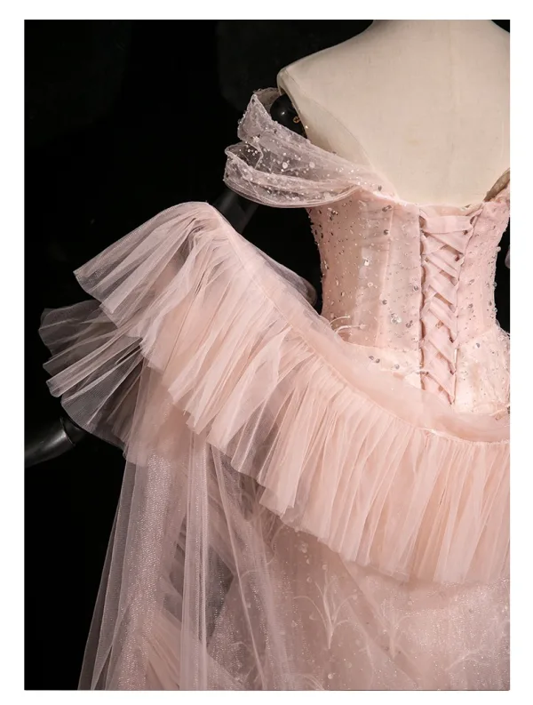 Chic / Beautiful Blushing Pink Sequins Tassel Prom Dresses 2024 A-Line / Princess Off-The-Shoulder Sleeveless Backless Floor-Length / Long Prom Formal Dresses