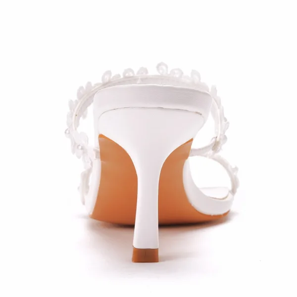 Sexy White Pearl Lace Flower Prom Womens Sandals 2022 7 cm Stiletto Heels Open / Peep Toe Sandals High Heels