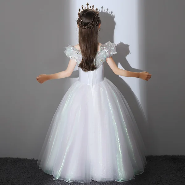 Cinderella White Butterfly Appliques Prom Flower Girl Dresses 2022 Ball Gown V-Neck Short Sleeve Backless Floor-Length / Long Flower Girl Dresses