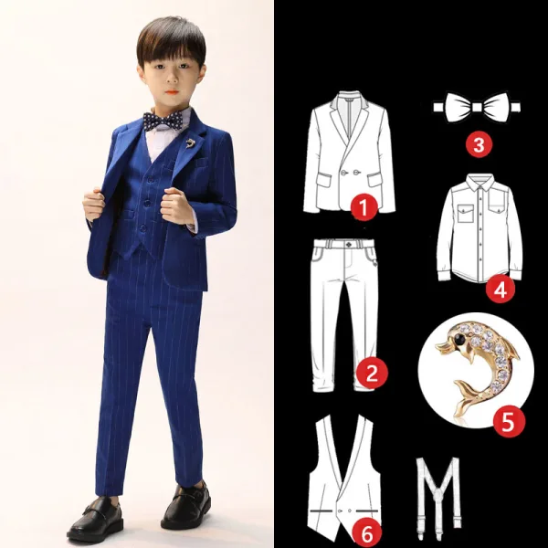 Sky Blue Stripe Long Sleeve Boys Wedding Suits 2022 Body Jewellery Coat Pants Shirt Tie Vest Wedding