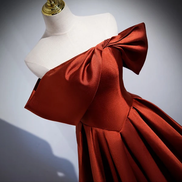 Chic / Beautiful Red Satin Prom Dresses 2023 Ball Gown Off-The-Shoulder Short Sleeve Backless Floor-Length / Long Prom Formal Dresses