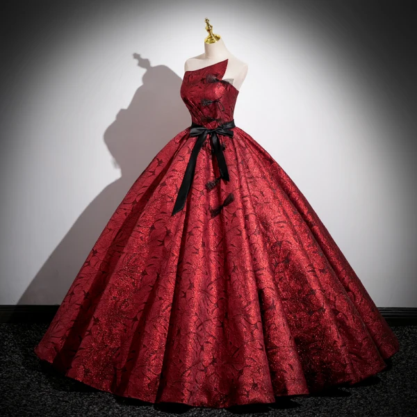 Vintage / Retro Glitter Burgundy Prom Dresses 2023 Ball Gown Strapless Sleeveless Backless Bow Sash Floor-Length / Long Prom Formal Dresses