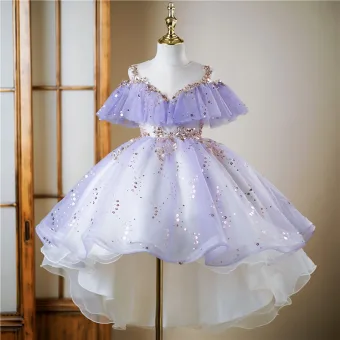 Fashion Lavender Beading Star Sequins Lace Flower Asymmetrical Birthday Flower Girl Dresses 2024 Ball Gown Scoop Neck Sleeveless Tulle
