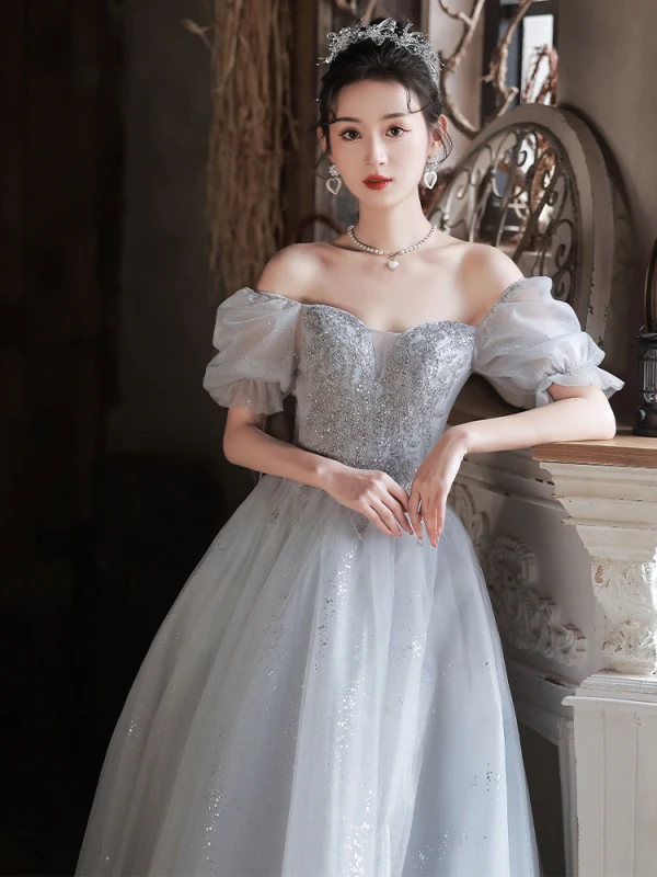 Chic / Beautiful Grey Beading Prom Dresses 2024 Ball Gown Square Neckline Short Sleeve Backless Floor-Length / Long Prom Formal Dresses