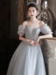 Chic / Beautiful Grey Beading Prom Dresses 2024 Ball Gown Square Neckline Short Sleeve Backless Floor-Length / Long Prom Formal Dresses