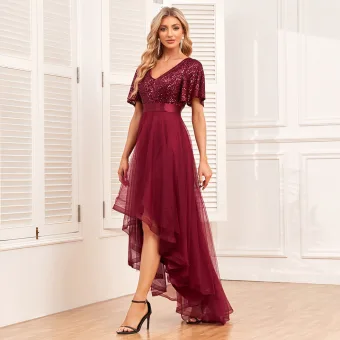 Chic Beautiful Burgundy Sequins Asymmetrical Prom Dresses 2024 A Line Princess V Neck Short Sleeve Backless Prom Formal Dresses