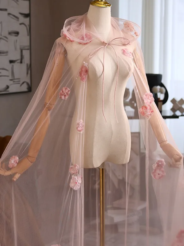 Lovely Blushing Pink Handmade  Appliques Prom shawl cloak 2025 Tulle