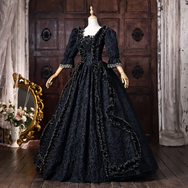 Vintage / Retro Medieval Black Halloween Printing Prom Dresses 2026 Ball Gown Square Neckline Bell sleeves Floor-Length / Long Formal Dresses