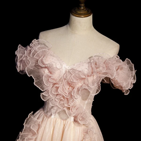 Classy Pearl Pink Pearl Sequins Prom Dresses 2022 A-Line / Princess Off-The-Shoulder Ruffle Flower Short Sleeve Backless Floor-Length / Long Prom Formal Dresses