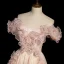 Classy Pearl Pink Pearl Sequins Prom Dresses 2022 A-Line / Princess Off-The-Shoulder Ruffle Flower Short Sleeve Backless Floor-Length / Long Prom Formal Dresses