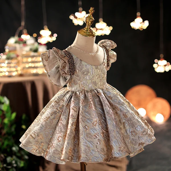 Chic / Beautiful Champagne Birthday Short Flower Girl Dresses 2022 Ball Gown Scoop Neck Beading Sequins Short Sleeve Flower Girl Dresses