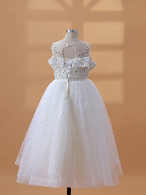 Chic / Beautiful White Beading Pearl Short Birthday Flower Girl Dresses 2024 Scoop Neck Backless Sleeveless