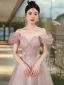 Chic / Beautiful Blushing Pink Beading Appliques Prom Dresses 2024 A-Line / Princess Off-The-Shoulder Short Sleeve Backless Floor-Length / Long Prom Formal Dresses