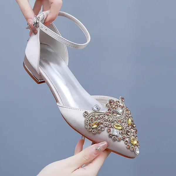 Chic / Beautiful Dark Green Rhinestone Prom Flat Womens Shoes Womens Sandals 2024 Ankle Strap Pointed Toe Sandals