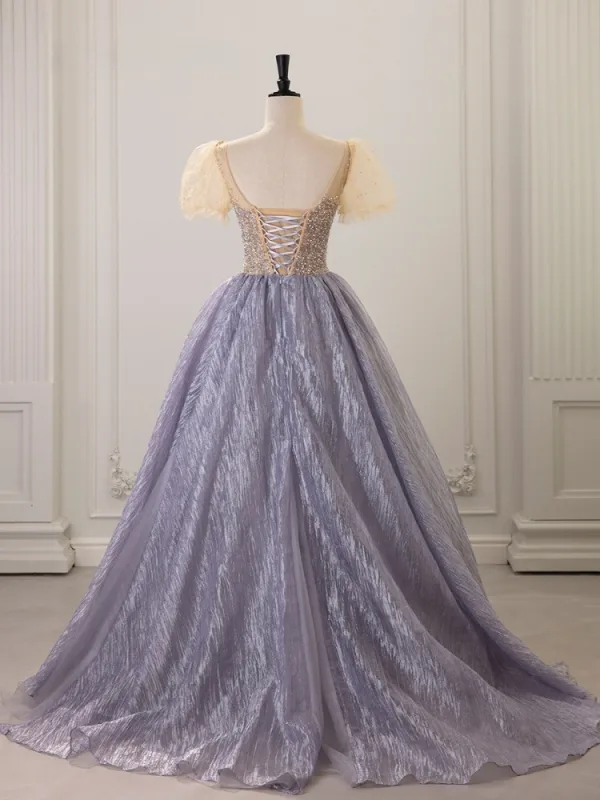 Bling Bling Lavender Sequins Prom Dresses 2025 Ball Gown V-Neck Puffy Short Sleeve Backless Floor-Length / Long Formal Dresses