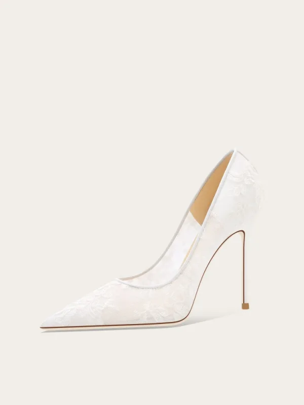 Elegante Witte Kant Bloem Bruidsschoenen 2025 10 cm Naaldhakken / Stiletto Spitse Neus Huwelijk Pumps Hoge Hakken