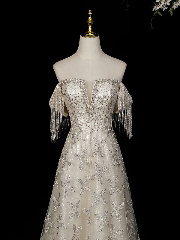 Scintillantes Argenté Perlage Paillettes Robe De Soirée 2026 Princesse De l'épaule Sans Manches Dos Nu Longue Robe De Ceremonie
