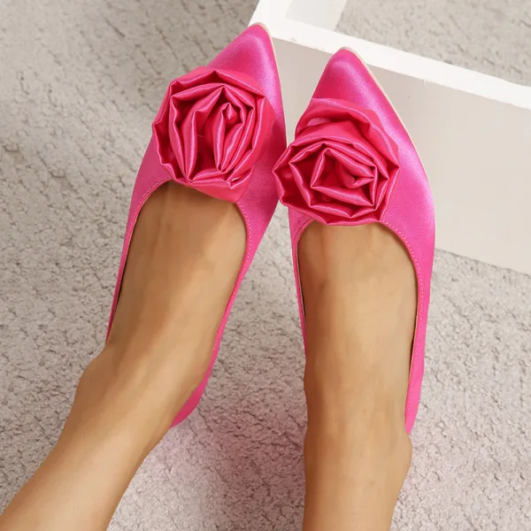 Modest / Simple Candy Pink Casual Flower Flat Womens Shoes 2023 Satin Pointed Toe Womens Shoes