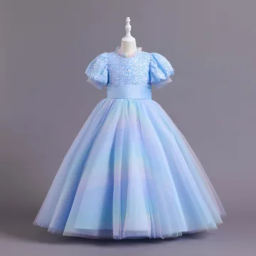 Hermoso Azul Cielo Lentejuelas Cumpleaños Vestidos Para Niñas 2023 Ball Gown Cuello Alto Manga Corta Bowknot Largos Vestidos Para Niñas