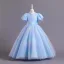 Chic / Belle Bleu Ciel Paillettes Anniversaire Robe Ceremonie Fille 2023 Robe Boule Col Haut Manches Courtes Noeud Longue Robe Ceremonie Fille