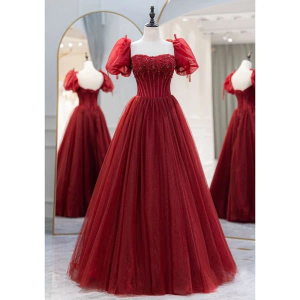 Chic / Beautiful Burgundy Beading Sequins Prom Dresses 2023 A-Line / Princess Square Neckline Short Sleeve Backless Floor-Length / Long Prom Formal Dresses