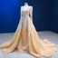 Luxury / Gorgeous Champagne Beading Sequins Lace Flower Evening Dresses 2023 Trumpet / Mermaid Deep V-Neck Long Sleeve Backless Court Train Evening Party Formal Dresses