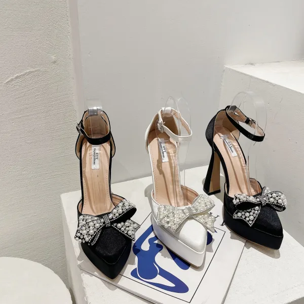 Fashion Black Evening Party Pearl Rhinestone Bow Womens Shoes 2023 Ankle Strap 13 cm Stiletto Heels Pointed Toe Sandals High Heels