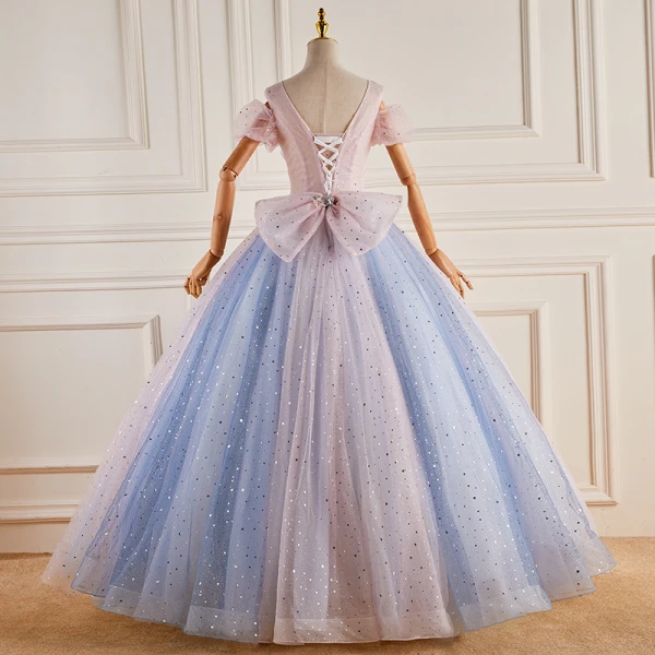 Chic / Beautiful Gradient-Color Pearl Sequins Lace Flower Prom Dresses 2022 Ball Gown V-Neck Short Sleeve Backless Bow Floor-Length / Long Prom Formal Dresses