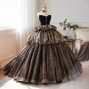 Elegant Brown Cascading Ruffles Prom Dresses Ball Gown 2024 Strapless Sleeveless Backless Floor-Length / Long Prom Formal Dresses